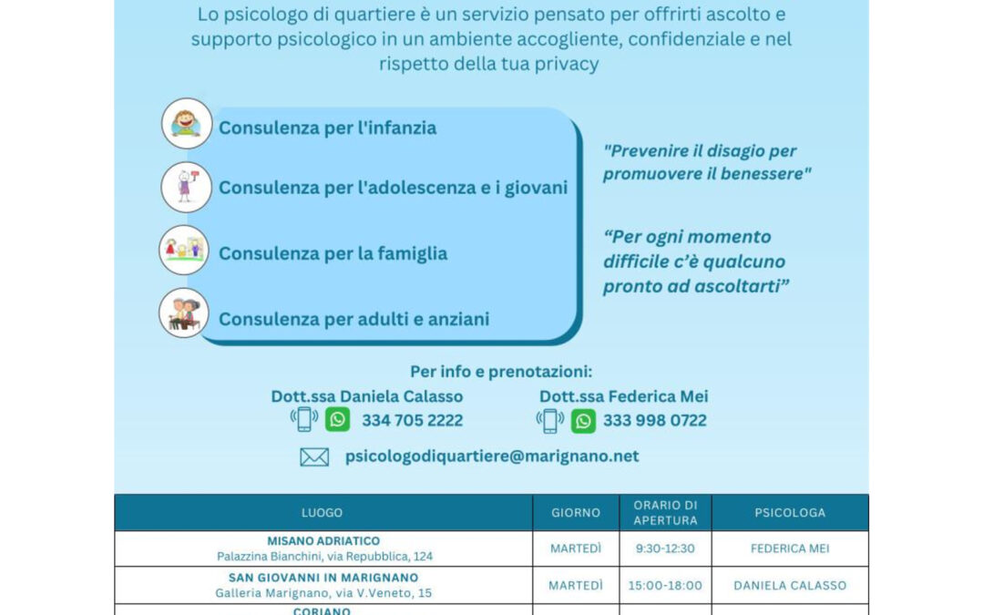 “PSICOLOGO DI QUARTIERE”: RIATTIVAZIONE DEL SERVIZIO